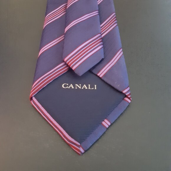 Canali Silk Tie Navy with Mauve & Maroon Diagonal Stripes - Picture 3 of 10